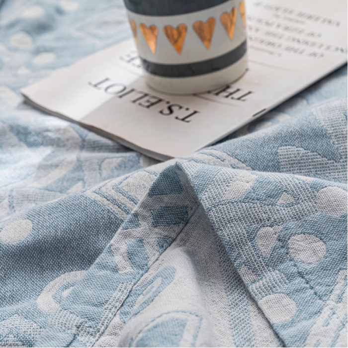 91家纺网 家纺一手货源 找家纺 朴尔家纺 2022新款主推三层水洗棉纱布毛巾被 远古图腾-冰蓝