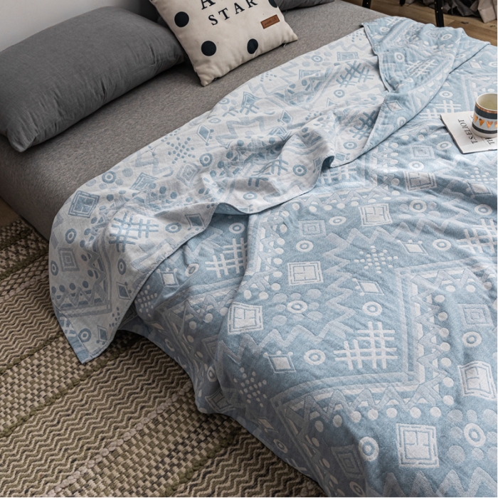 91家纺网 家纺一手货源 找家纺 朴尔家纺 2022新款主推三层水洗棉纱布毛巾被 远古图腾-冰蓝