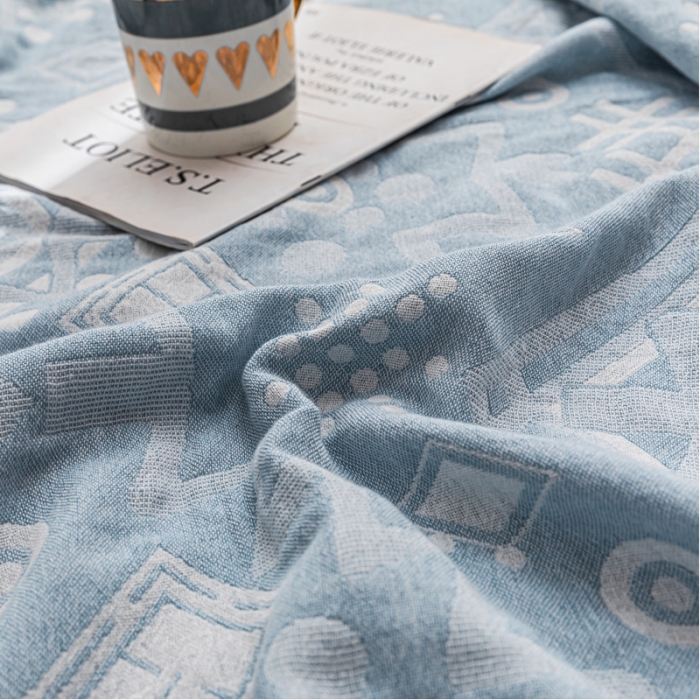 91家纺网 家纺一手货源 找家纺 朴尔家纺 2022新款主推三层水洗棉纱布毛巾被 远古图腾-冰蓝