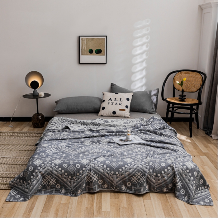 91家纺网 家纺一手货源 找家纺 朴尔家纺 2022新款主推三层水洗棉纱布毛巾被 远古图腾-灰