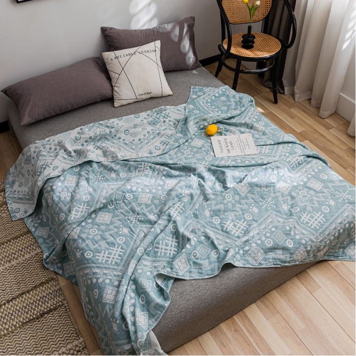 91家纺网 家纺一手货源 找家纺 朴尔家纺 2022新款主推三层水洗棉纱布毛巾被 远古图腾-绿