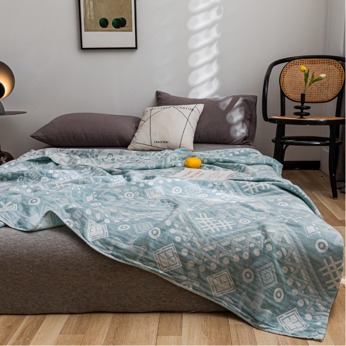 91家纺网 家纺一手货源 找家纺 朴尔家纺 2022新款主推三层水洗棉纱布毛巾被 远古图腾-绿