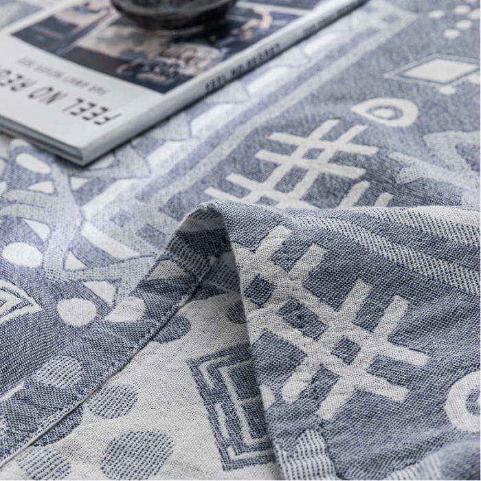 91家纺网 家纺一手货源 找家纺 朴尔家纺 2022新款主推三层水洗棉纱布毛巾被 远古图腾-深蓝