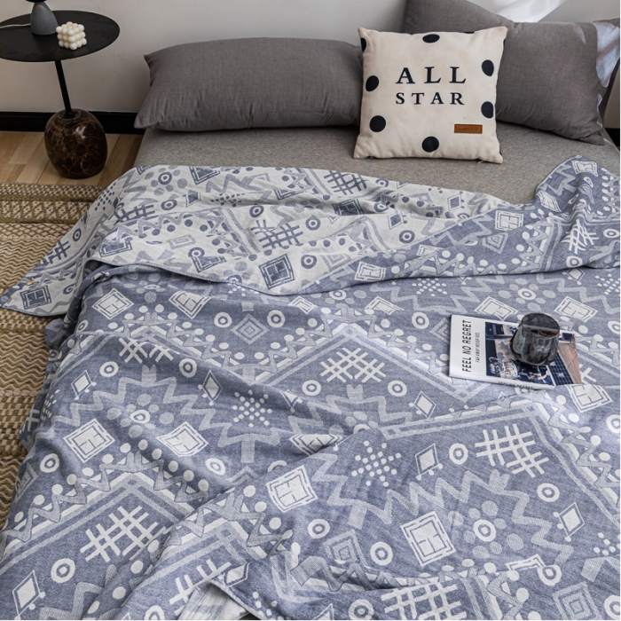 91家纺网 家纺一手货源 找家纺 朴尔家纺 2022新款主推三层水洗棉纱布毛巾被 远古图腾-深蓝