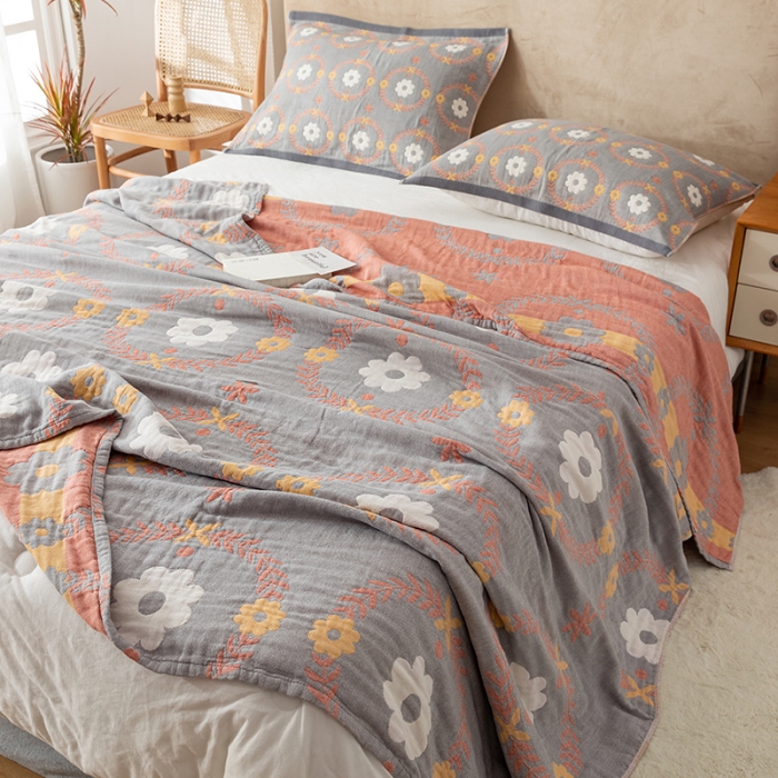 91家纺网 家纺一手货源 找家纺 朴尔家纺 2022新款四层韩版碎花风全棉纱布毛巾被 花环-灰