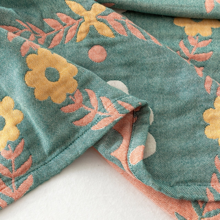 91家纺网 家纺一手货源 找家纺 朴尔家纺 2022新款四层韩版碎花风全棉纱布毛巾被 花环-绿
