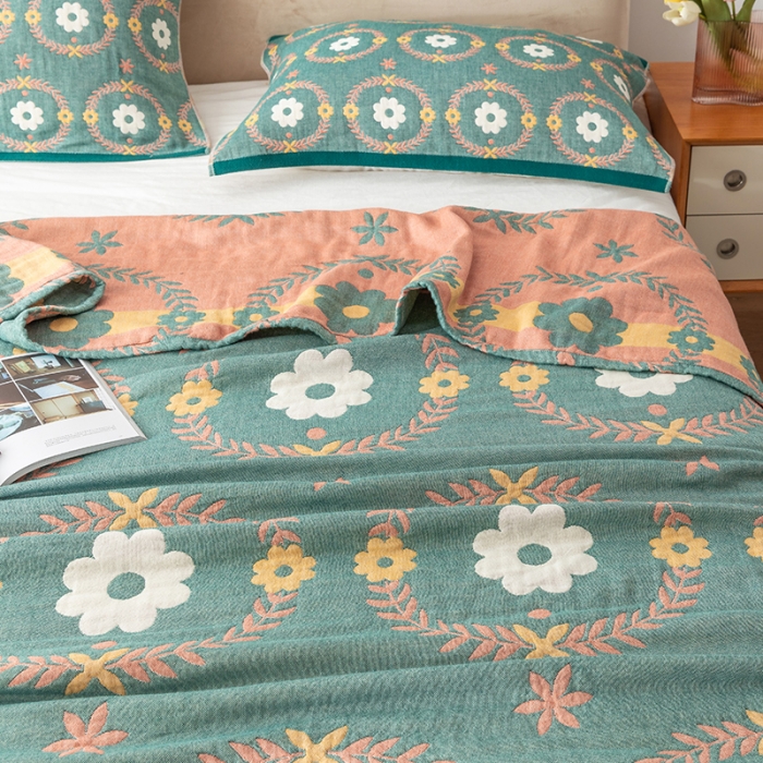 91家纺网 家纺一手货源 找家纺 朴尔家纺 2022新款四层韩版碎花风全棉纱布毛巾被 花环-绿