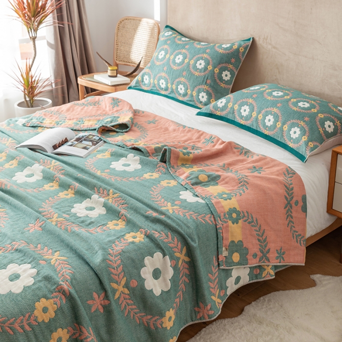 91家纺网 家纺一手货源 找家纺 朴尔家纺 2022新款四层韩版碎花风全棉纱布毛巾被 花环-绿