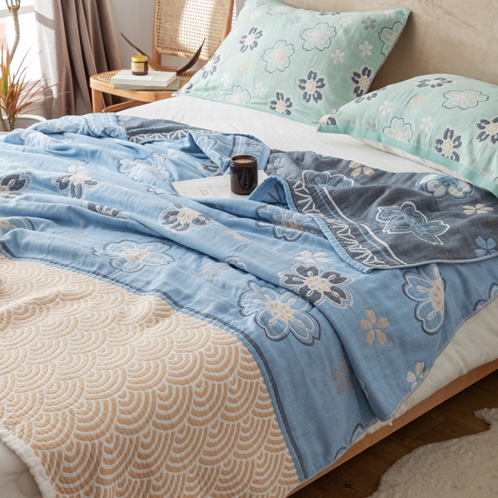 91家纺网 家纺一手货源 找家纺 朴尔家纺 2022新款四层韩版碎花风全棉纱布毛巾被 花亭玉暖-蓝