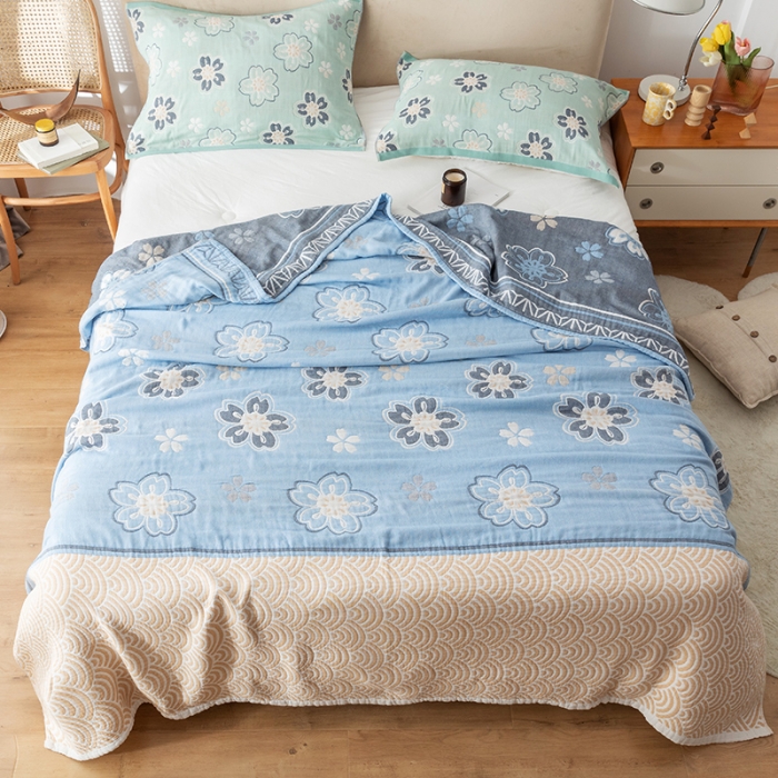 91家纺网 家纺一手货源 找家纺 朴尔家纺 2022新款四层韩版碎花风全棉纱布毛巾被 花亭玉暖-蓝