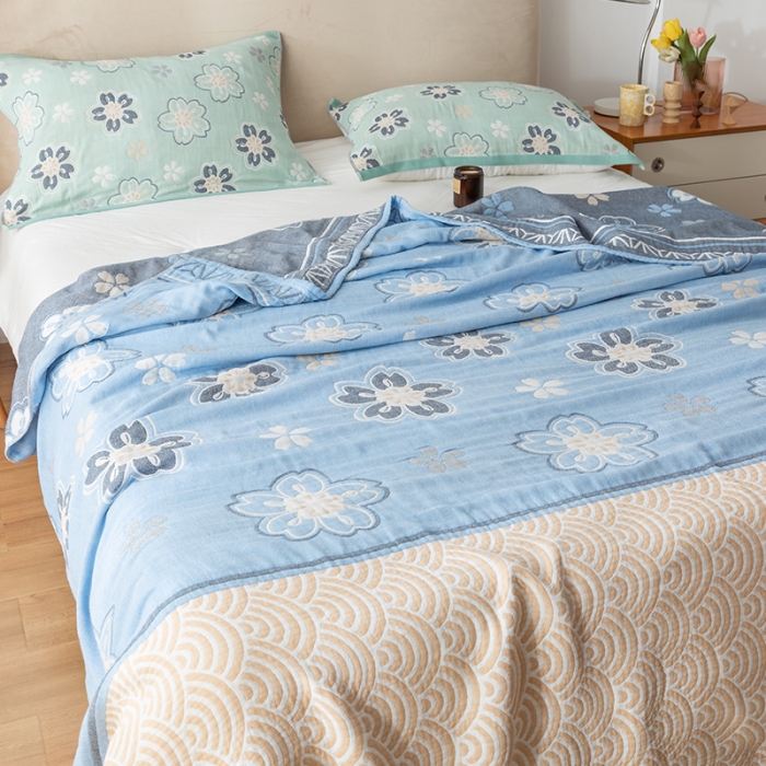 91家纺网 家纺一手货源 找家纺 朴尔家纺 2022新款四层韩版碎花风全棉纱布毛巾被 花亭玉暖-蓝