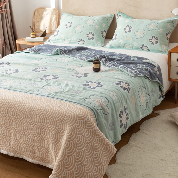 91家纺网 家纺一手货源 找家纺 朴尔家纺 2022新款四层韩版碎花风全棉纱布毛巾被 花亭玉暖-绿