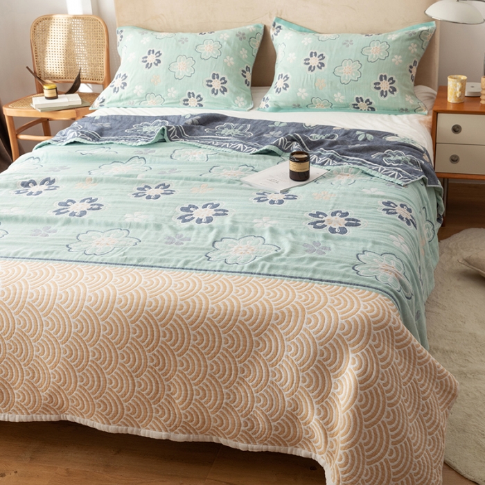 91家纺网 家纺一手货源 找家纺 朴尔家纺 2022新款四层韩版碎花风全棉纱布毛巾被 花亭玉暖-绿