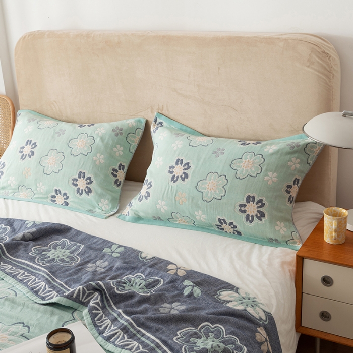 91家纺网 家纺一手货源 找家纺 朴尔家纺 2022新款四层韩版碎花风全棉纱布毛巾被 花亭玉暖-绿