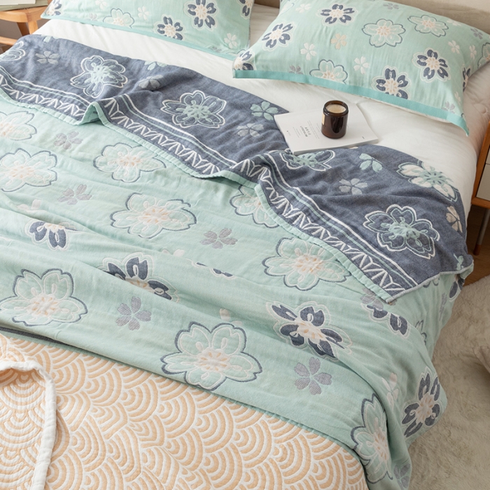 91家纺网 家纺一手货源 找家纺 朴尔家纺 2022新款四层韩版碎花风全棉纱布毛巾被 花亭玉暖-绿