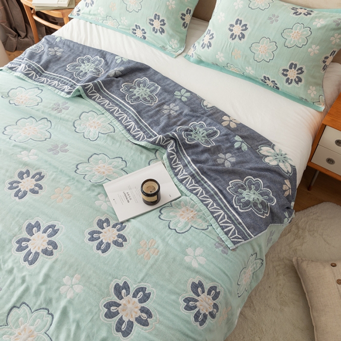 91家纺网 家纺一手货源 找家纺 朴尔家纺 2022新款四层韩版碎花风全棉纱布毛巾被 花亭玉暖-绿