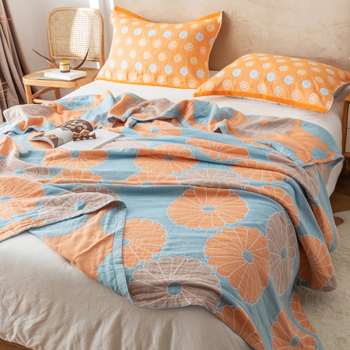 91家纺网 家纺一手货源 找家纺 朴尔家纺 2022新款四层韩版碎花风全棉纱布毛巾被 橘子物语-兰