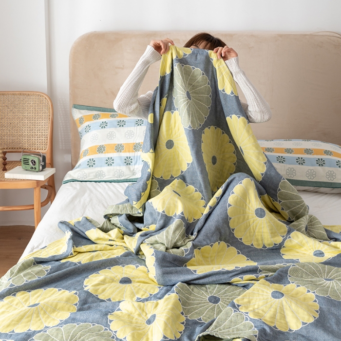 91家纺网 家纺一手货源 找家纺 朴尔家纺 2022新款四层韩版碎花风全棉纱布毛巾被 橘子物语-深灰