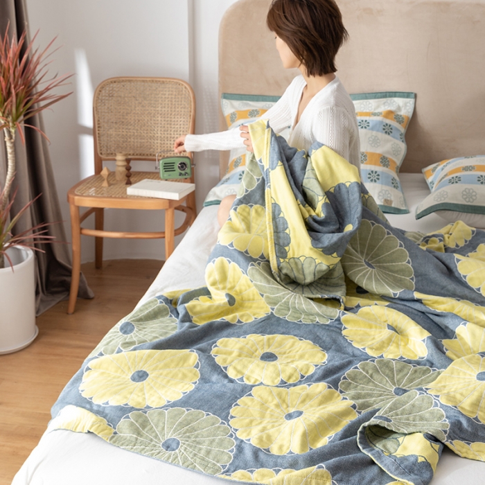 91家纺网 家纺一手货源 找家纺 朴尔家纺 2022新款四层韩版碎花风全棉纱布毛巾被 橘子物语-深灰