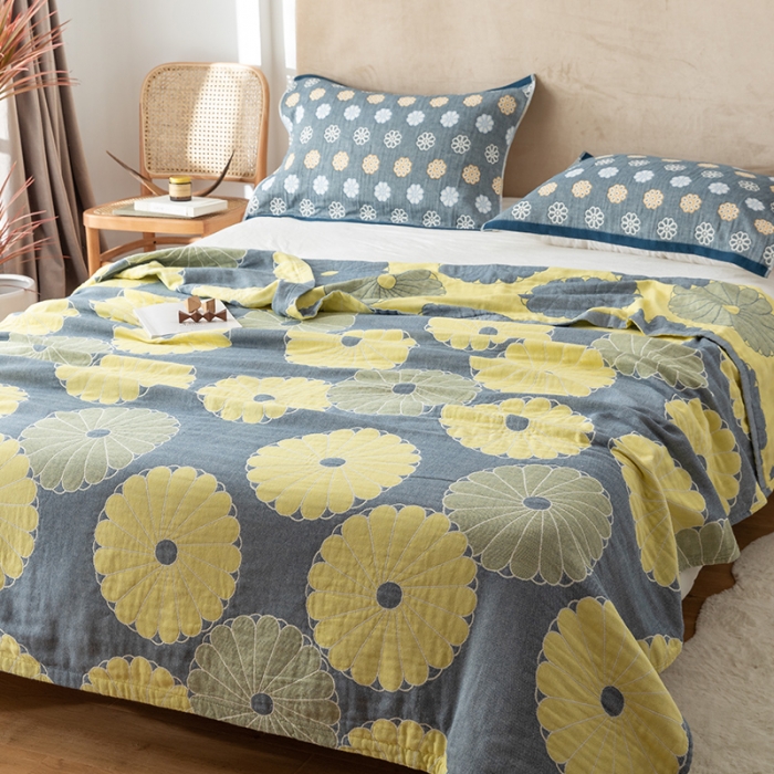 91家纺网 家纺一手货源 找家纺 朴尔家纺 2022新款四层韩版碎花风全棉纱布毛巾被 橘子物语-深灰