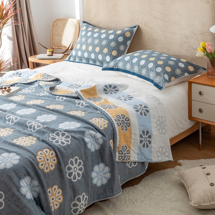 91家纺网 家纺一手货源 找家纺 朴尔家纺 2022新款四层韩版碎花风全棉纱布毛巾被 曼陀罗-灰