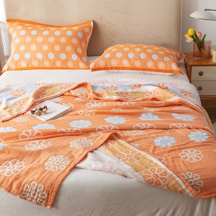 91家纺网 家纺一手货源 找家纺 朴尔家纺 2022新款四层韩版碎花风全棉纱布毛巾被 曼陀罗-橘