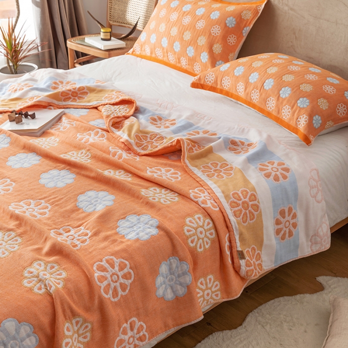 91家纺网 家纺一手货源 找家纺 朴尔家纺 2022新款四层韩版碎花风全棉纱布毛巾被 曼陀罗-橘