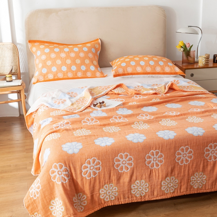 91家纺网 家纺一手货源 找家纺 朴尔家纺 2022新款四层韩版碎花风全棉纱布毛巾被 曼陀罗-橘