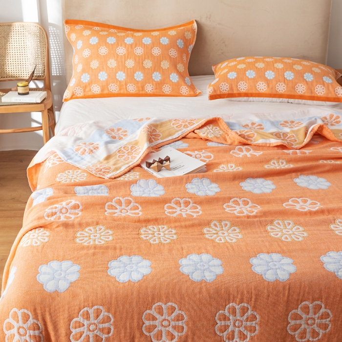 91家纺网 家纺一手货源 找家纺 朴尔家纺 2022新款四层韩版碎花风全棉纱布毛巾被 曼陀罗-橘