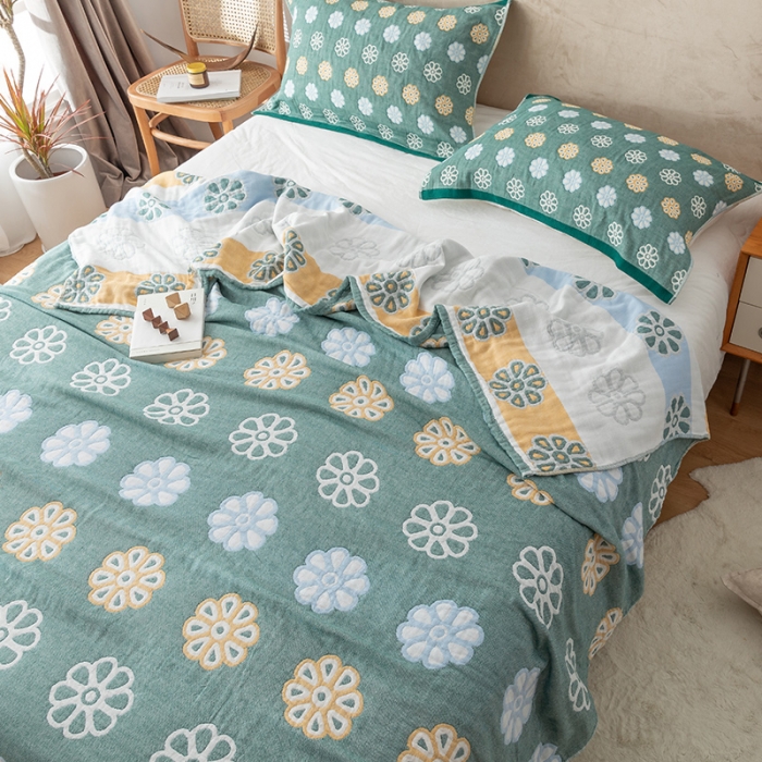 91家纺网 家纺一手货源 找家纺 朴尔家纺 2022新款四层韩版碎花风全棉纱布毛巾被 曼陀罗-绿