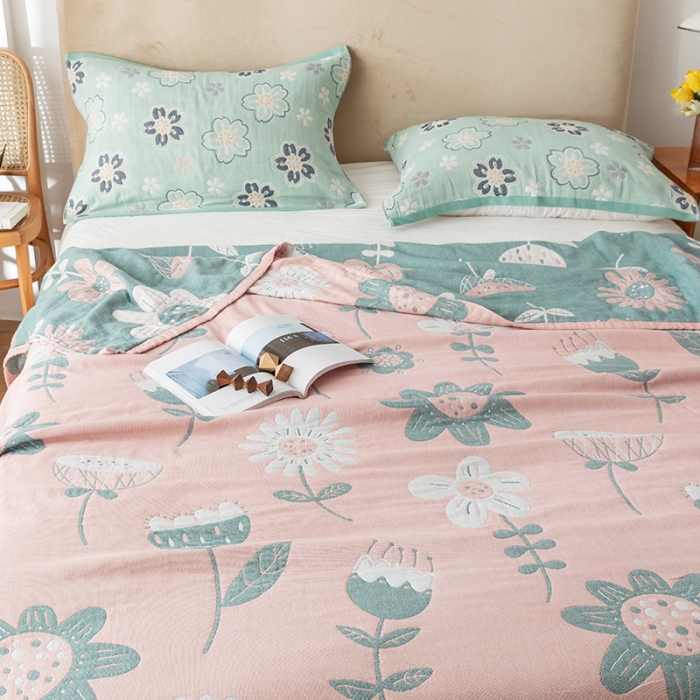 91家纺网 家纺一手货源 找家纺 朴尔家纺 2022新款四层韩版碎花风全棉纱布毛巾被 清新夏日-粉