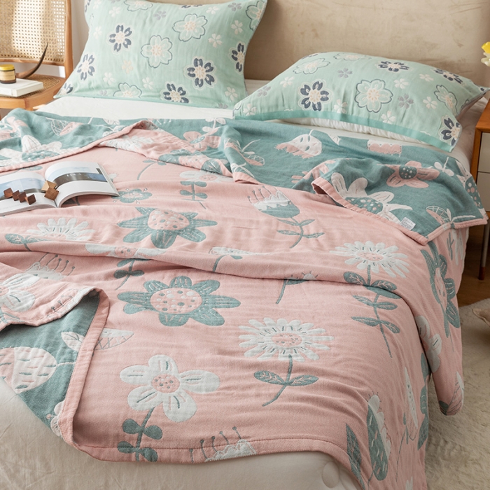 91家纺网 家纺一手货源 找家纺 朴尔家纺 2022新款四层韩版碎花风全棉纱布毛巾被 清新夏日-粉