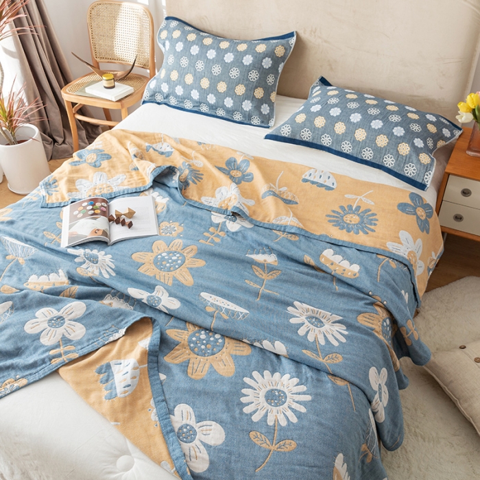 91家纺网 家纺一手货源 找家纺 朴尔家纺 2022新款四层韩版碎花风全棉纱布毛巾被 清新夏日-蓝