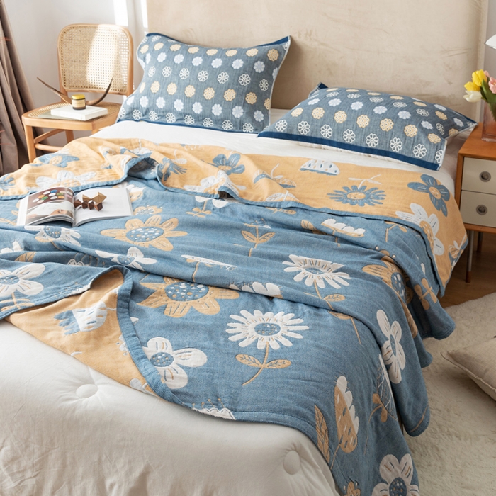 91家纺网 家纺一手货源 找家纺 朴尔家纺 2022新款四层韩版碎花风全棉纱布毛巾被 清新夏日-蓝