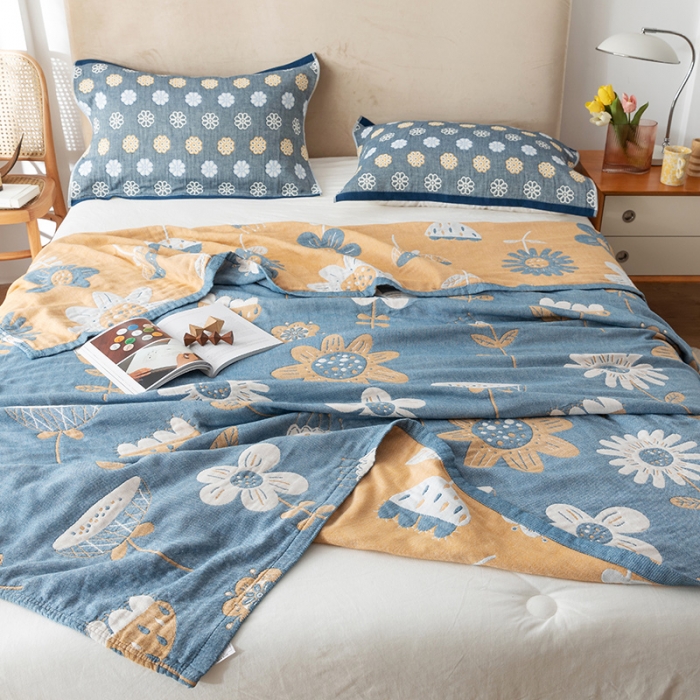 91家纺网 家纺一手货源 找家纺 朴尔家纺 2022新款四层韩版碎花风全棉纱布毛巾被 清新夏日-蓝