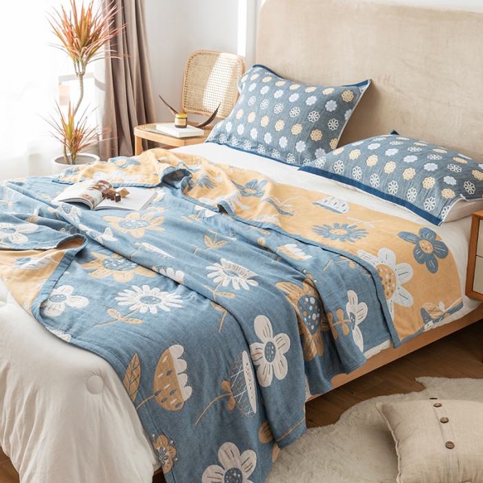 91家纺网 家纺一手货源 找家纺 朴尔家纺 2022新款四层韩版碎花风全棉纱布毛巾被 清新夏日-蓝