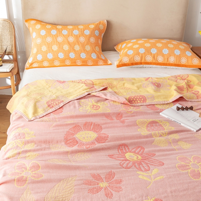 91家纺网 家纺一手货源 找家纺 朴尔家纺 2022新款四层韩版碎花风全棉纱布毛巾被 向日花开-粉