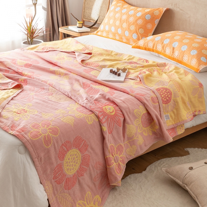 91家纺网 家纺一手货源 找家纺 朴尔家纺 2022新款四层韩版碎花风全棉纱布毛巾被 向日花开-粉