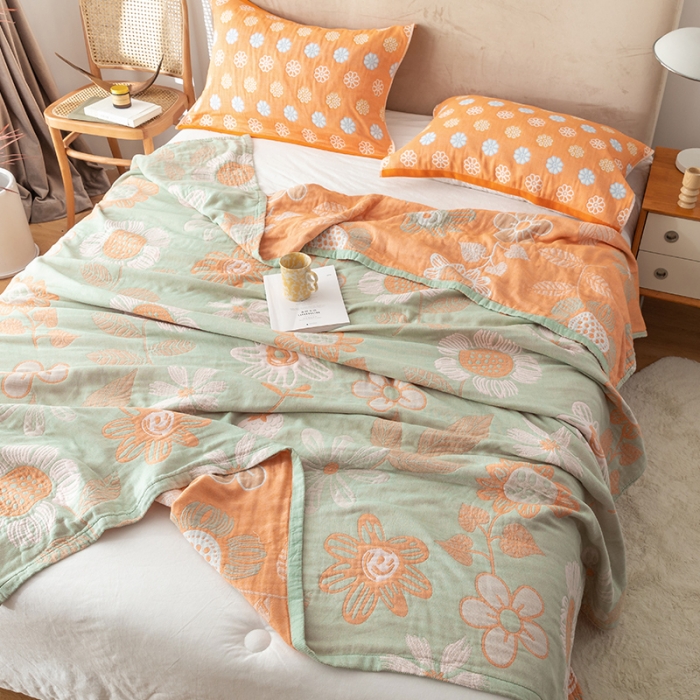 91家纺网 家纺一手货源 找家纺 朴尔家纺 2022新款四层韩版碎花风全棉纱布毛巾被 向日花开-绿