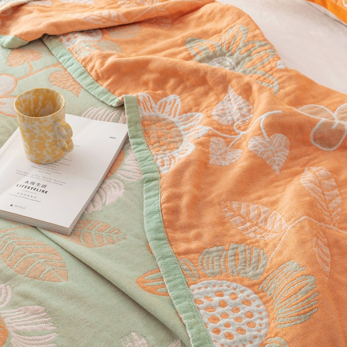 91家纺网 家纺一手货源 找家纺 朴尔家纺 2022新款四层韩版碎花风全棉纱布毛巾被 向日花开-绿