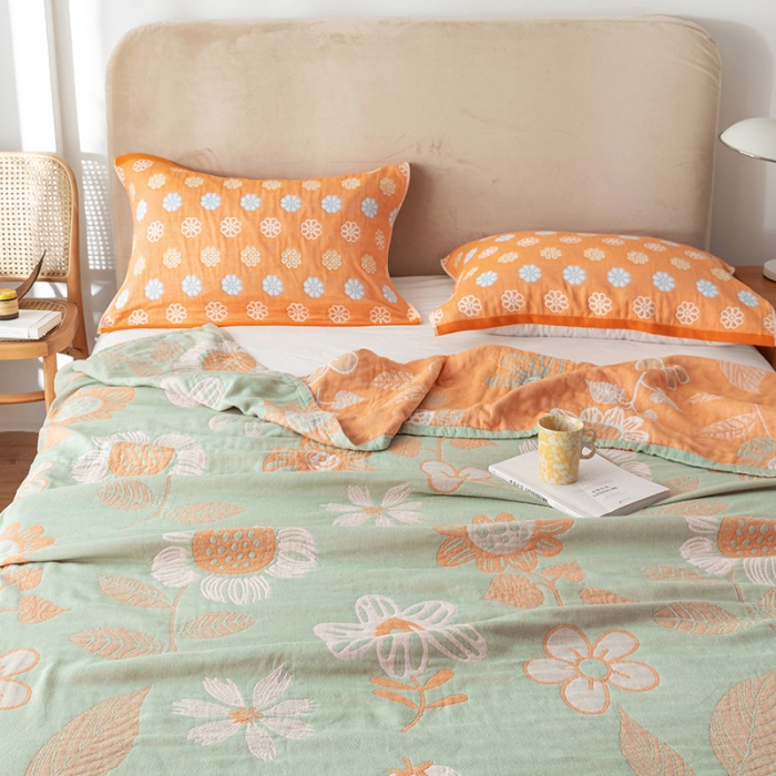 91家纺网 家纺一手货源 找家纺 朴尔家纺 2022新款四层韩版碎花风全棉纱布毛巾被 向日花开-绿