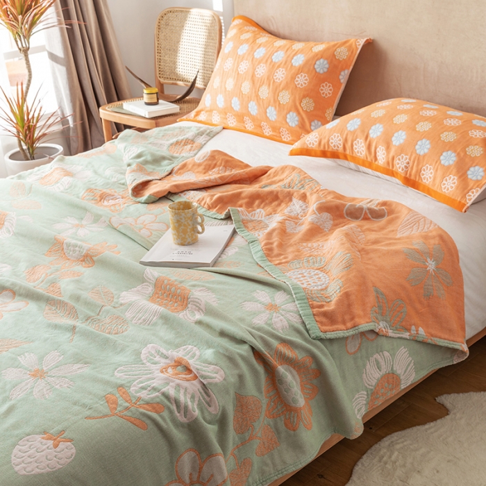 91家纺网 家纺一手货源 找家纺 朴尔家纺 2022新款四层韩版碎花风全棉纱布毛巾被 向日花开-绿