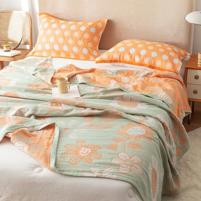 91家纺网 家纺一手货源 找家纺 朴尔家纺 2022新款四层韩版碎花风全棉纱布毛巾被 向日花开-绿