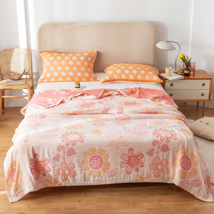 91家纺网 家纺一手货源 找家纺 朴尔家纺 2022新款四层韩版碎花风全棉纱布毛巾被 向日花开-米白