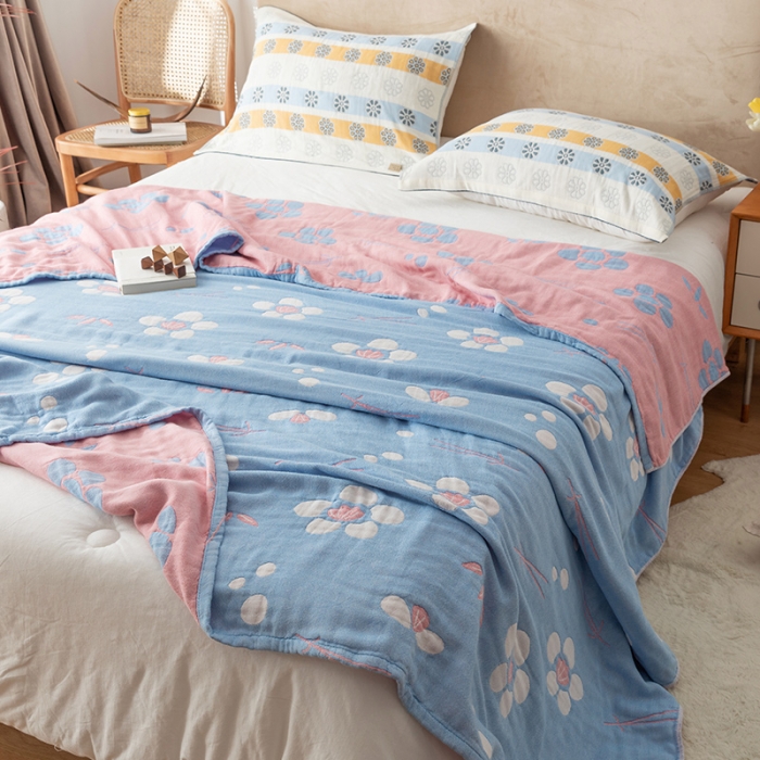 91家纺网 家纺一手货源 找家纺 朴尔家纺 2022新款四层韩版碎花风全棉纱布毛巾被 小清新-蓝