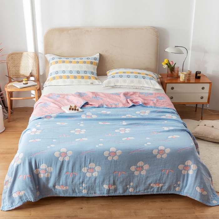 91家纺网 家纺一手货源 找家纺 朴尔家纺 2022新款四层韩版碎花风全棉纱布毛巾被 小清新-蓝