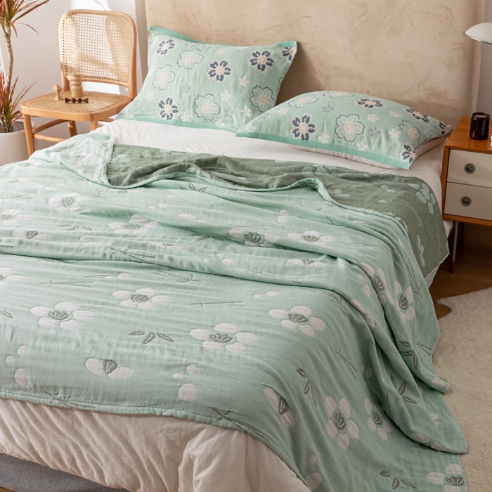 91家纺网 家纺一手货源 找家纺 朴尔家纺 2022新款四层韩版碎花风全棉纱布毛巾被 小清新-绿