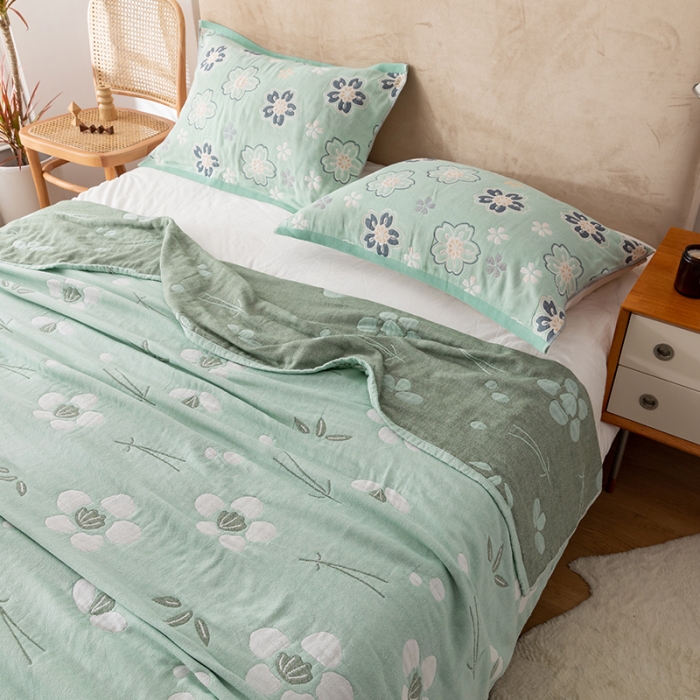 91家纺网 家纺一手货源 找家纺 朴尔家纺 2022新款四层韩版碎花风全棉纱布毛巾被 小清新-绿