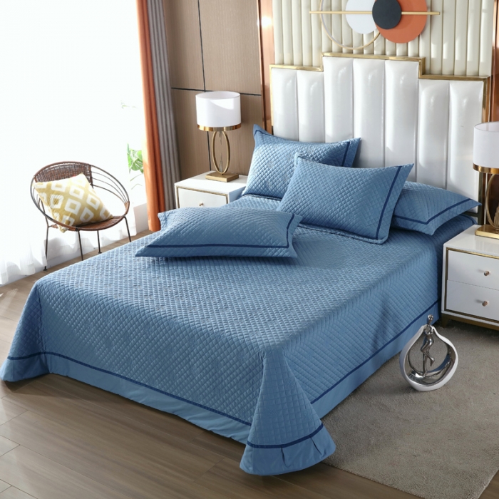 91家纺网 家纺一手货源 找家纺 ol 2022新款全棉纯色居家被套床盖枕套夹棉绗绣四件套 宾利蓝