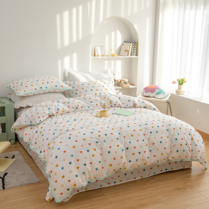 91家纺网 家纺一手货源 找家纺 淑女公社家纺 2022新款双层纱流苏花边款四件套 波波心动